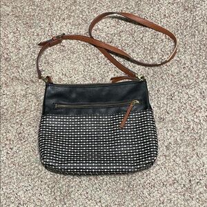 Fossil leather Black & White Crossbody Bag with Brown adjustable Strap